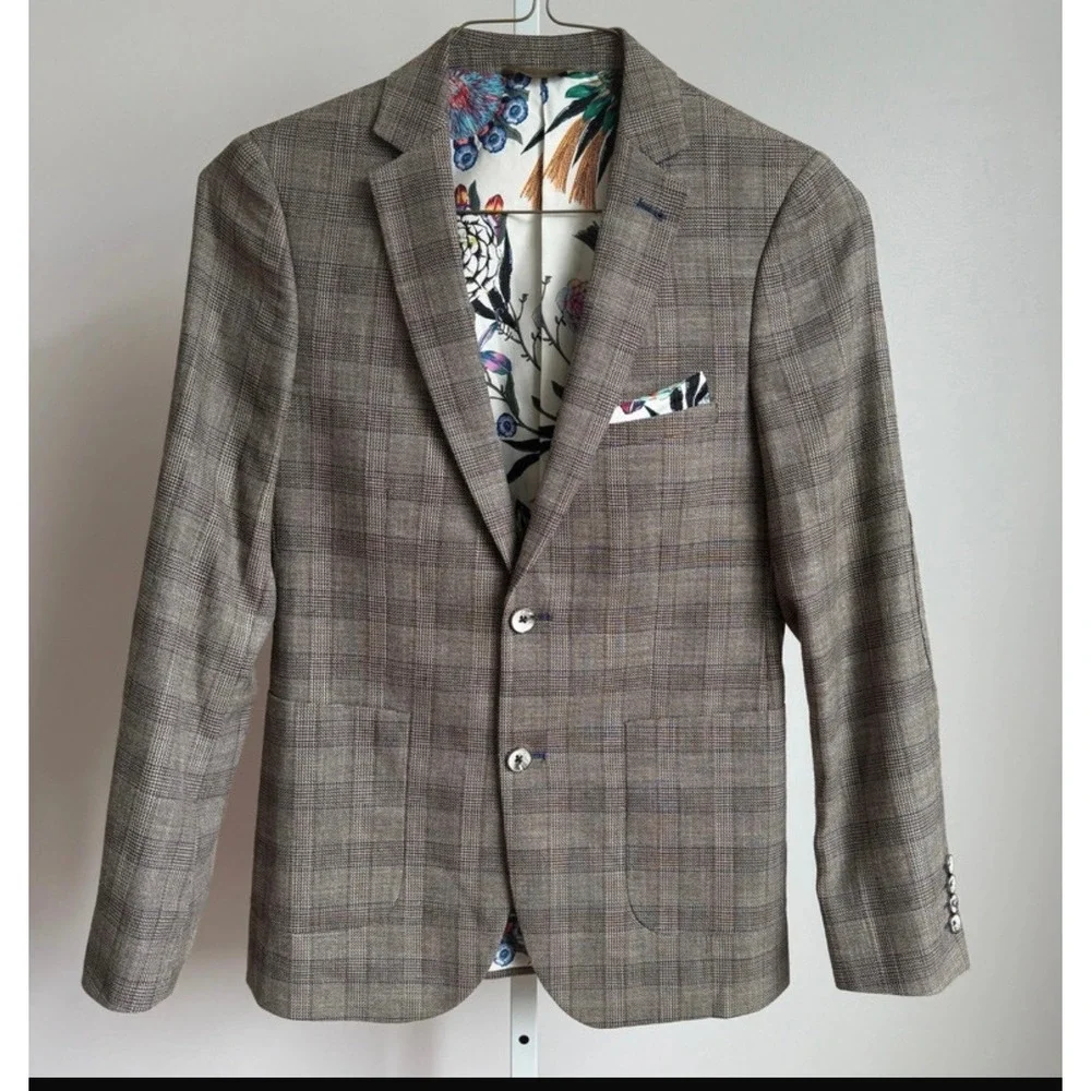 Paisley & Gray 36R Brown Plaid Blazer Floral Lining Wool Blend Sport Coat